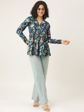 Blue Printed Full Sleeves Alia Cut Cotton Top