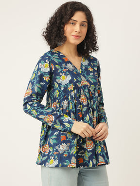 Blue Printed Full Sleeves Alia Cut Cotton Top