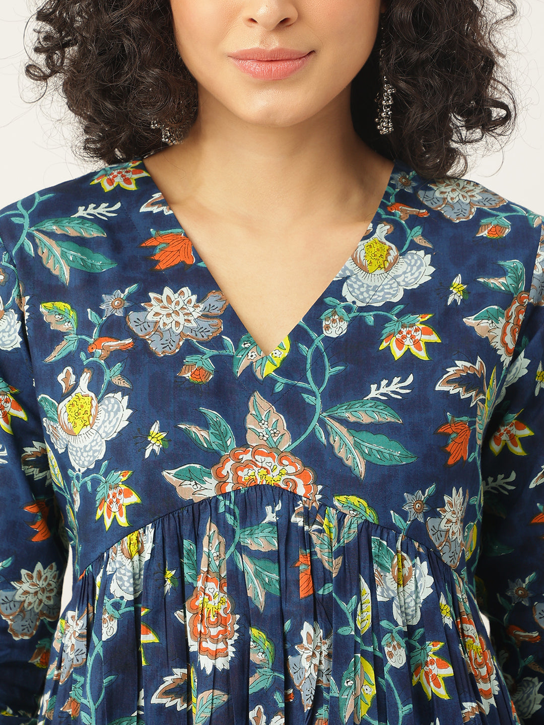 Blue Printed Full Sleeves Alia Cut Cotton Top