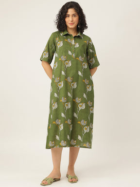 Green Printed A-Line Cotton Shirt Dress