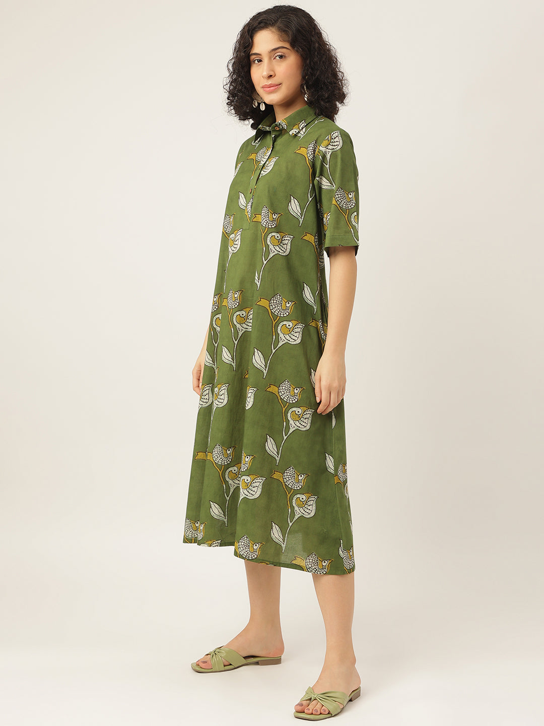 Green Printed A-Line Cotton Shirt Dress