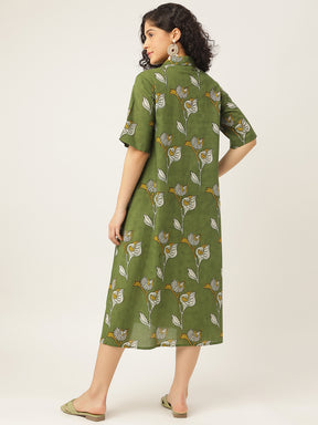 Green Printed A-Line Cotton Shirt Dress