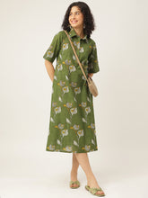 Green Printed A-Line Cotton Shirt Dress