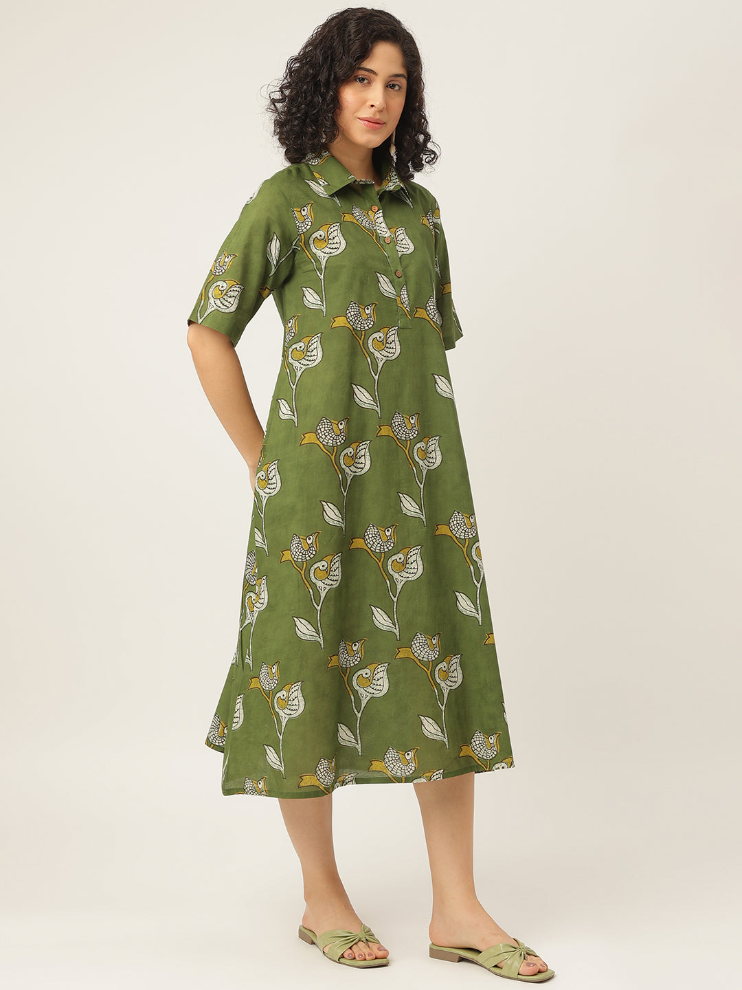 Green Printed A-Line Cotton Shirt Dress