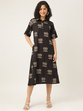 Black Printed A-Line Cotton Shirt Dress