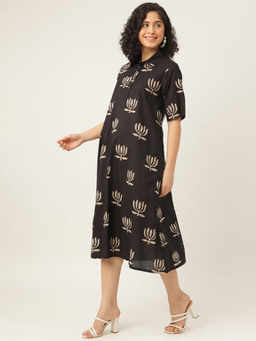 Black Printed A-Line Cotton Shirt Dress