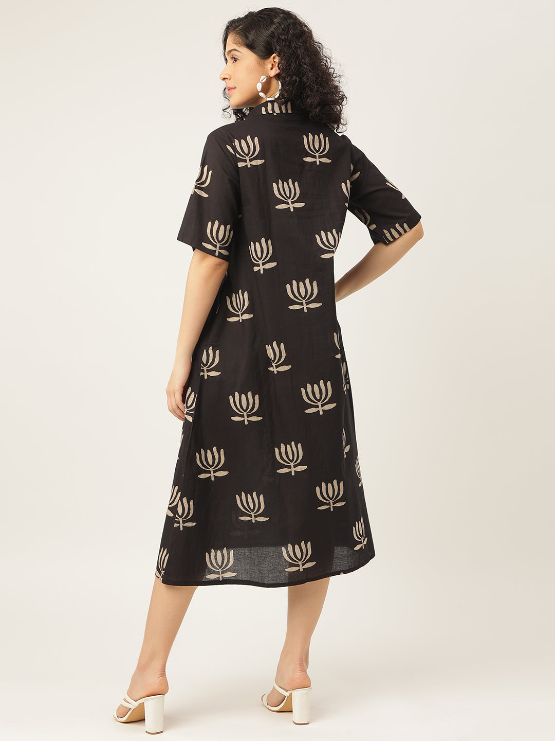 Black Printed A-Line Cotton Shirt Dress