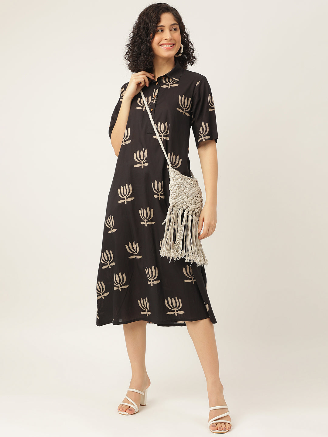 Black Printed A-Line Cotton Shirt Dress