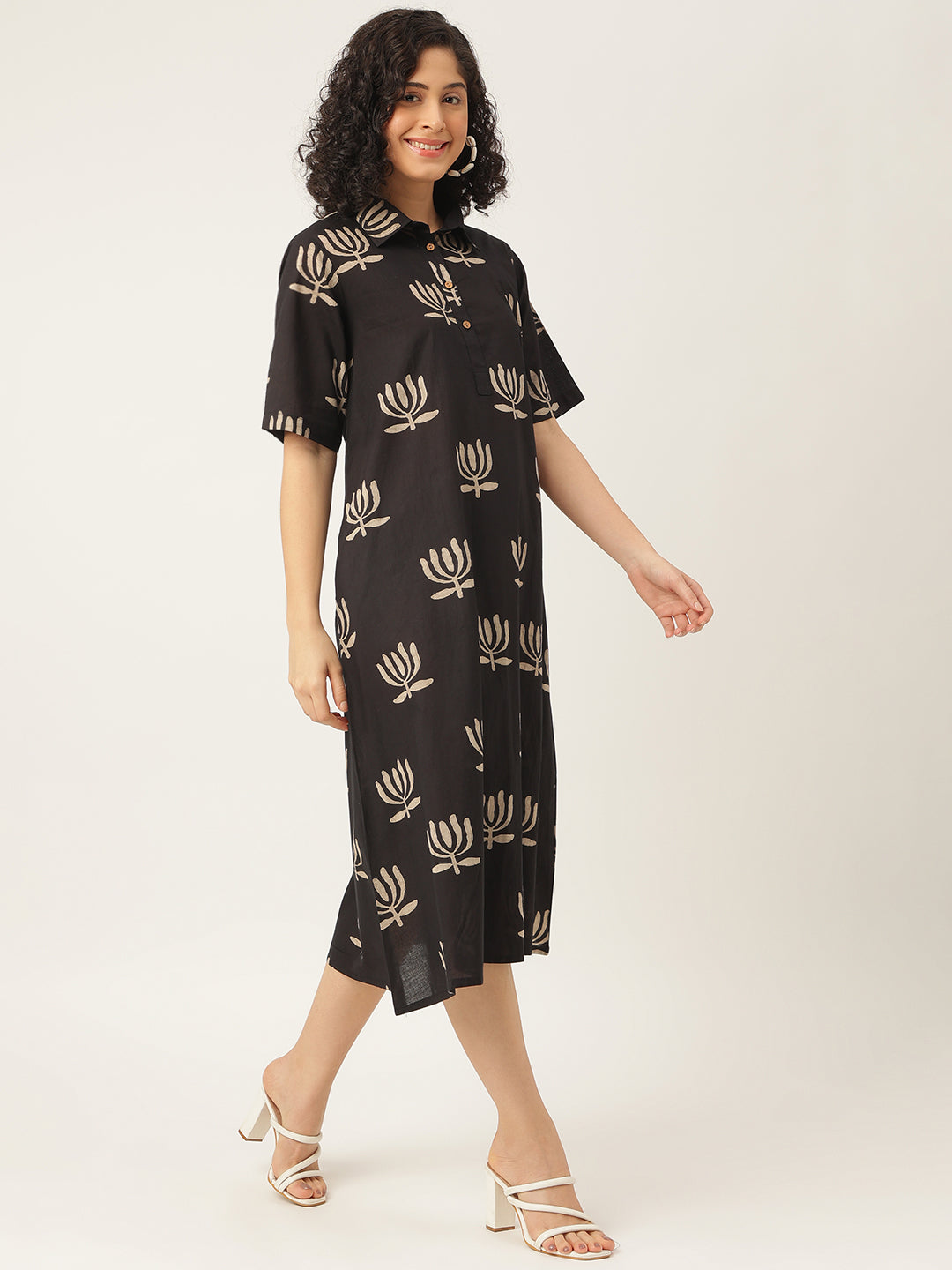 Black Printed A-Line Cotton Shirt Dress