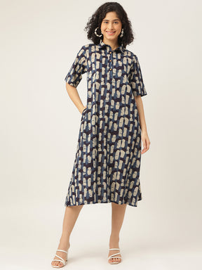 Blue and White Printed A-Line Cotton Shirt Dress