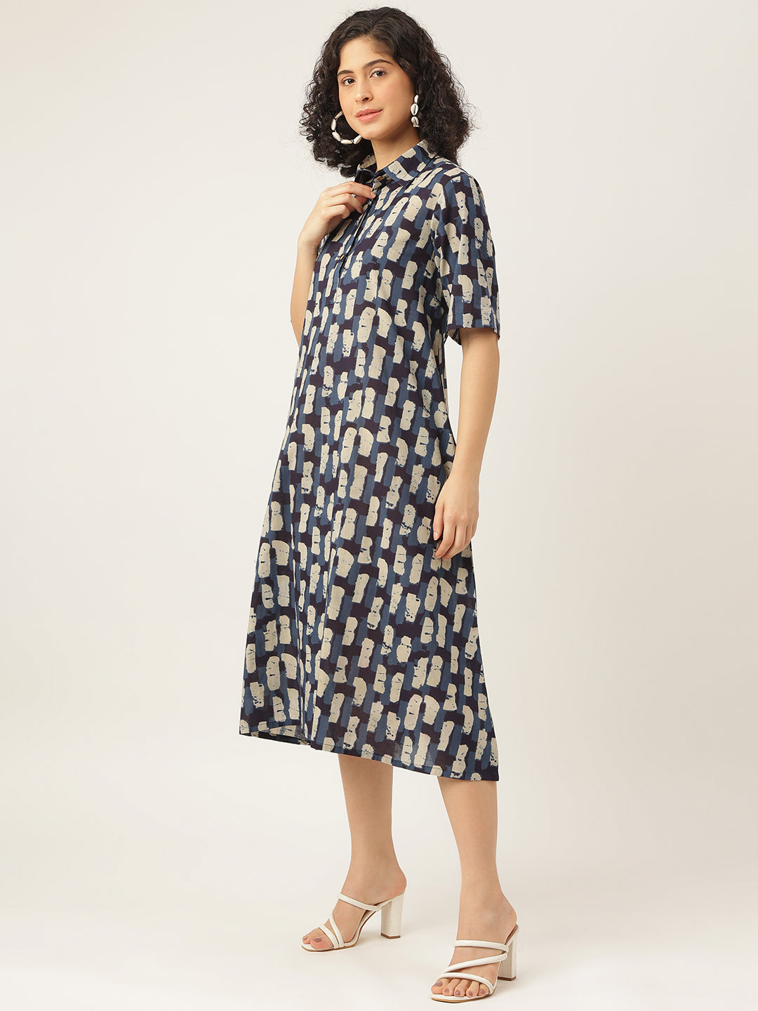 Blue and White Printed A-Line Cotton Shirt Dress