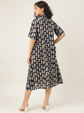 Blue and White Printed A-Line Cotton Shirt Dress