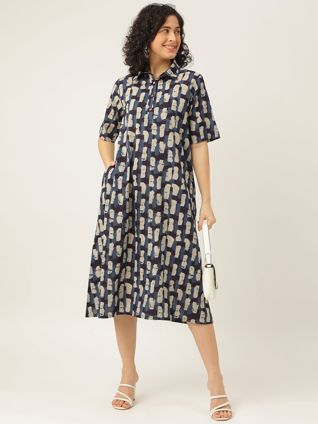 Blue and White Printed A-Line Cotton Shirt Dress