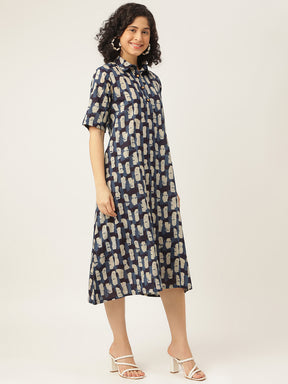 Blue and White Printed A-Line Cotton Shirt Dress