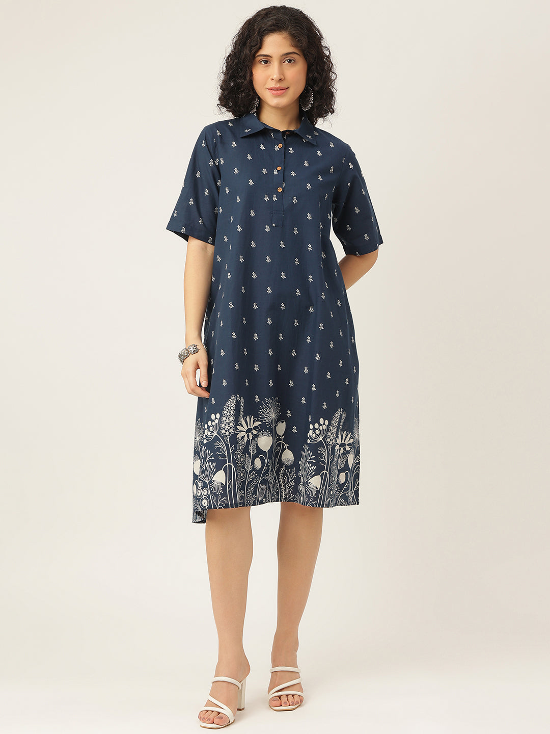 Blue Printed A-Line Cotton Shirt Dress