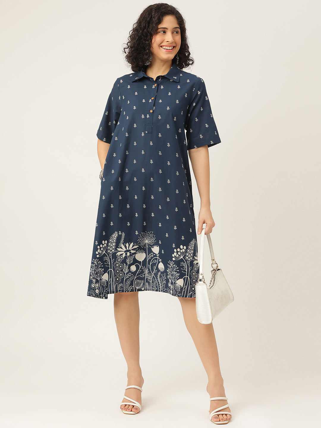 Blue Printed A-Line Cotton Shirt Dress