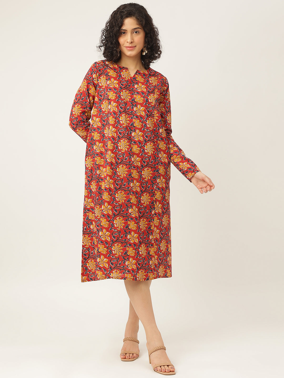 Red Printed Full Sleeve A-Line Cotton Dress