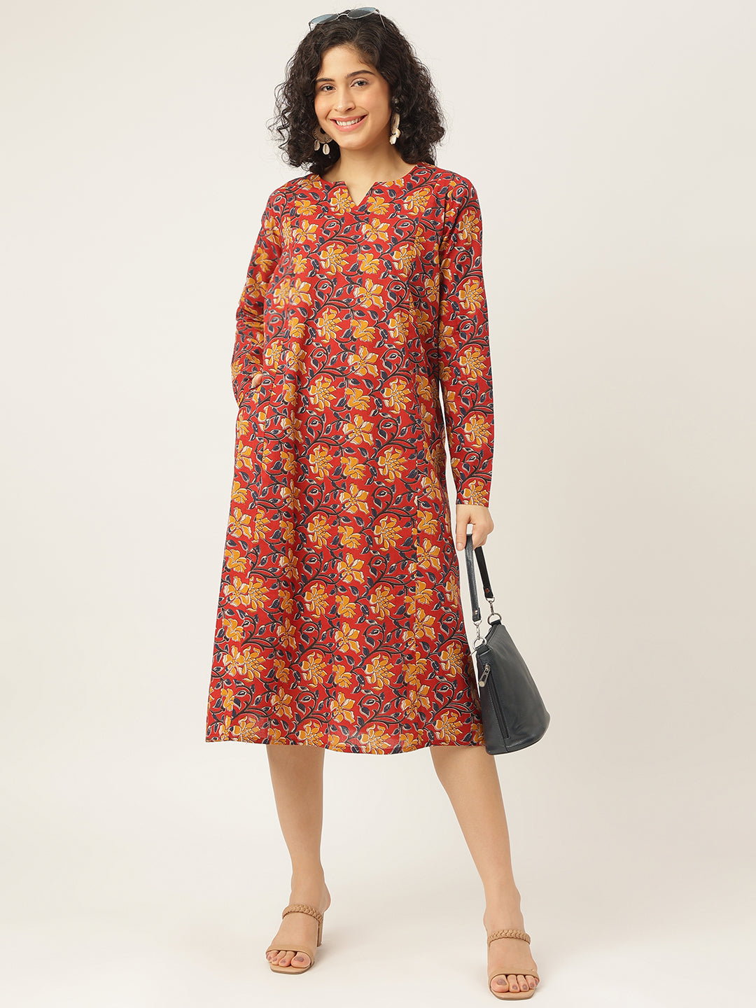 Red Printed Full Sleeve A-Line Cotton Dress