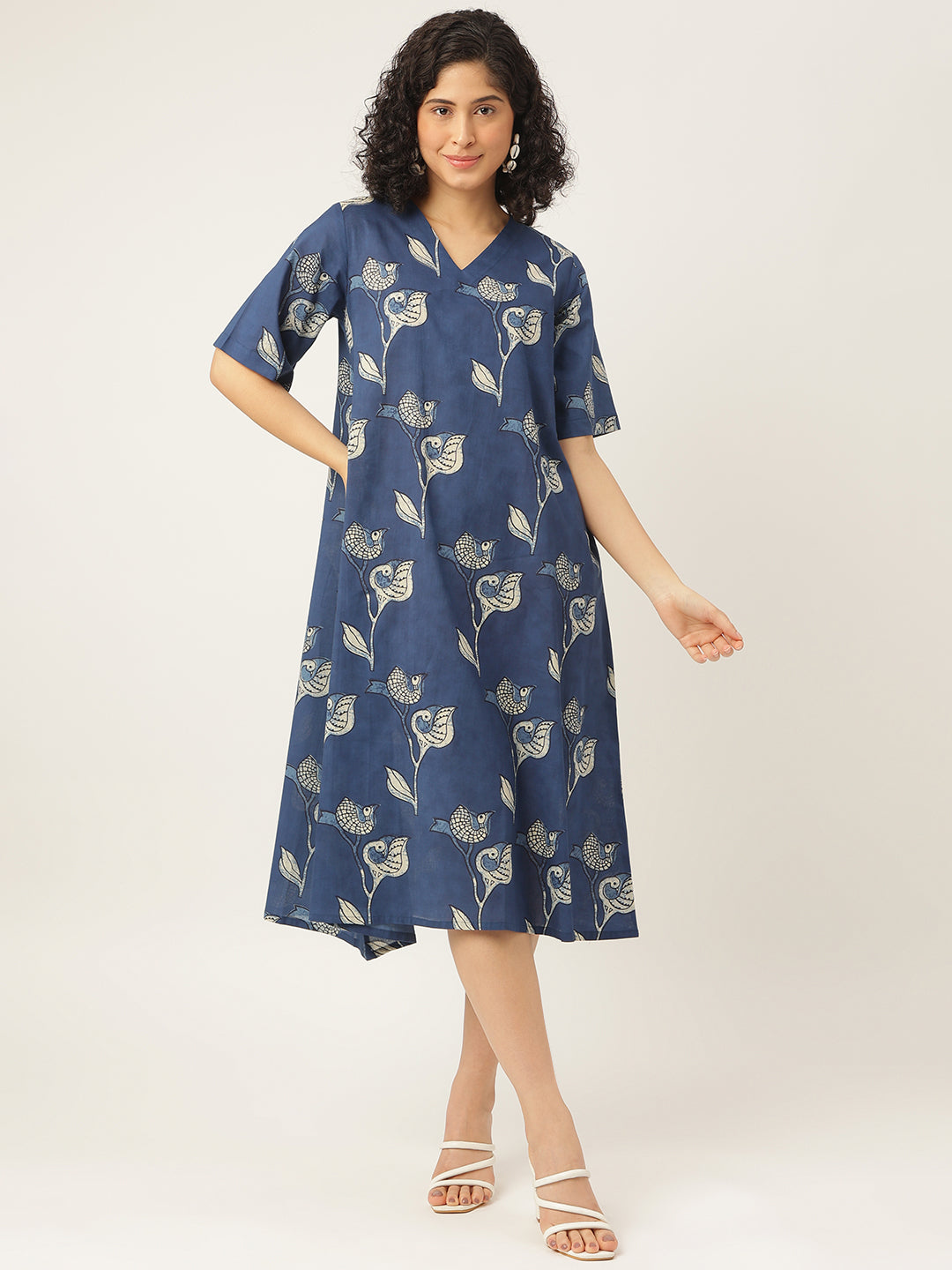 Blue Printed A-Line Cotton Dress