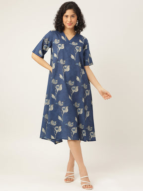 Blue Printed A-Line Cotton Dress