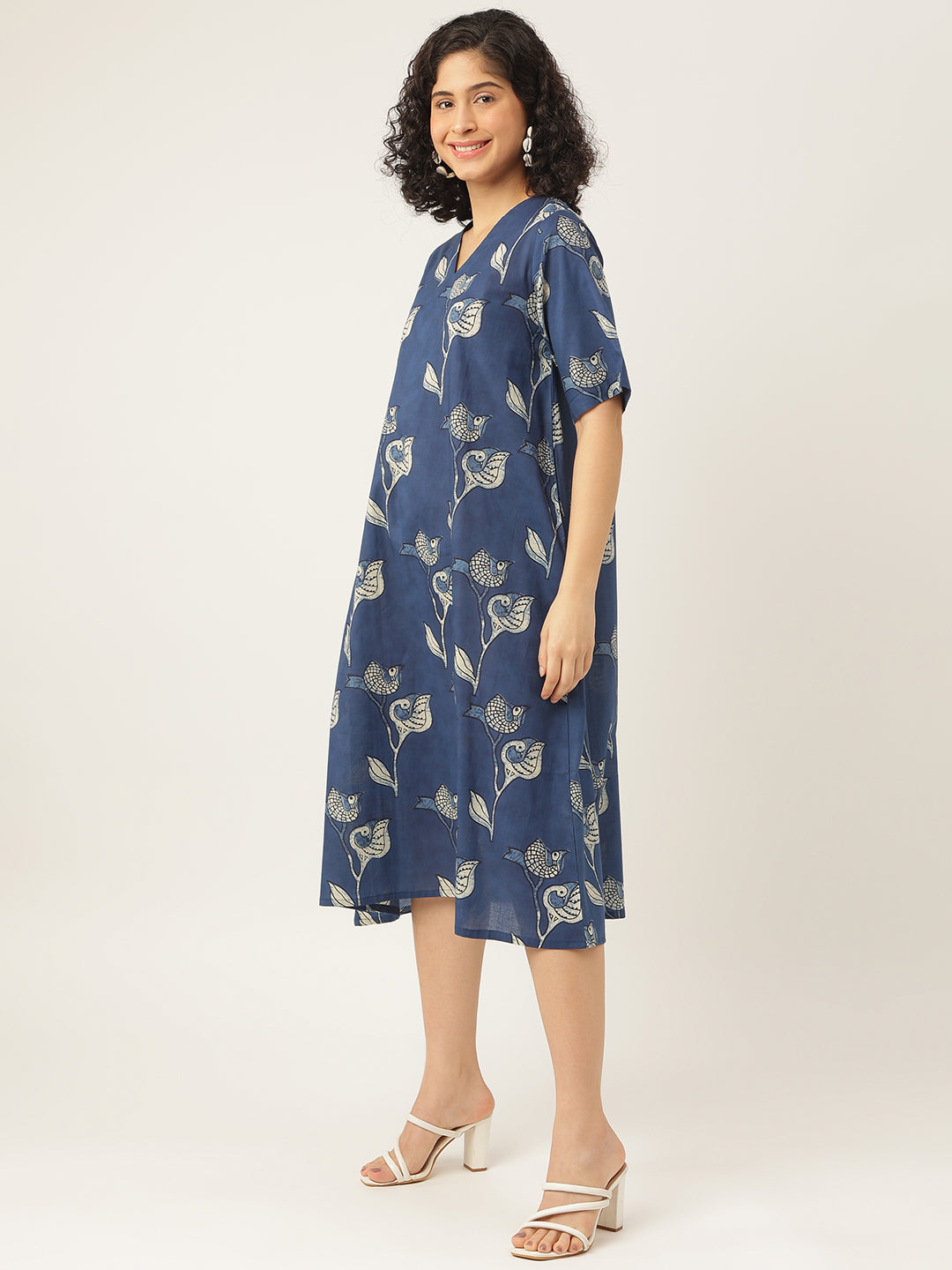 Blue Printed A-Line Cotton Dress