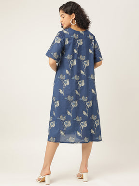 Blue Printed A-Line Cotton Dress