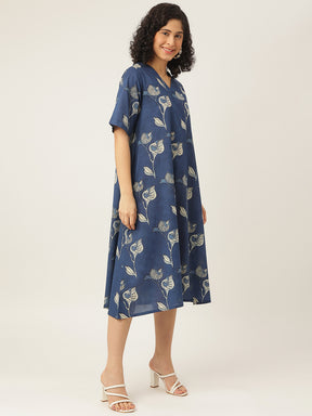 Blue Printed A-Line Cotton Dress