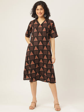 Black Printed A-Line Cotton Dress