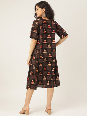 Black Printed A-Line Cotton Dress