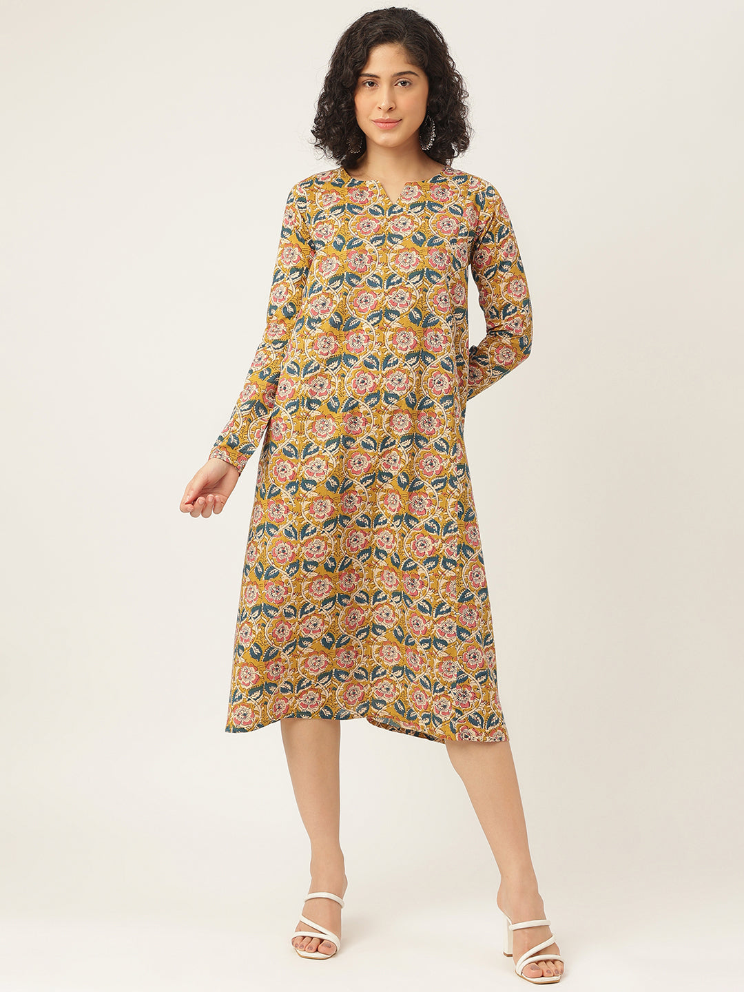 Mustard Printed Full Sleeve A-Line Cotton Dress