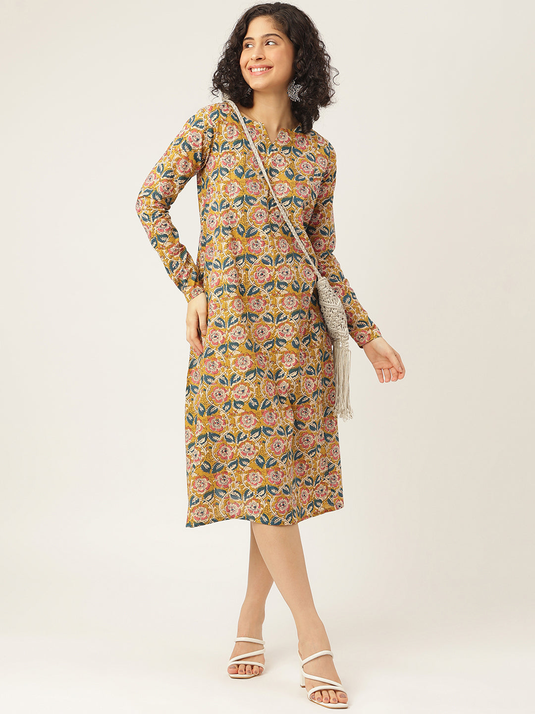 Mustard Printed Full Sleeve A-Line Cotton Dress