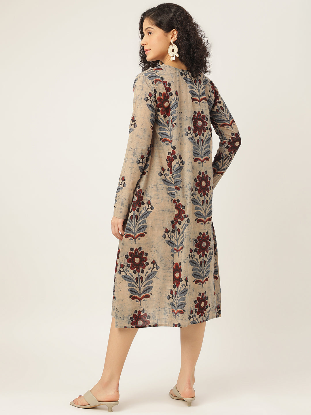 Beige Printed Full Sleeve A-Line Cotton Dress