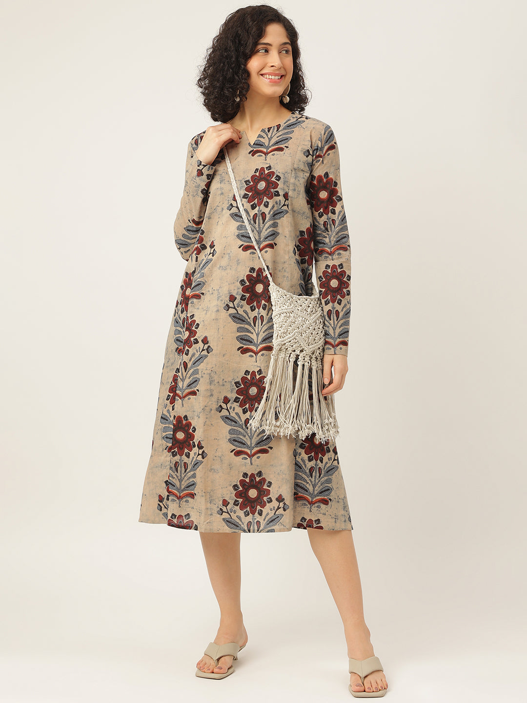 Beige Printed Full Sleeve A-Line Cotton Dress