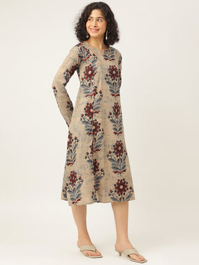 Beige Printed Full Sleeve A-Line Cotton Dress