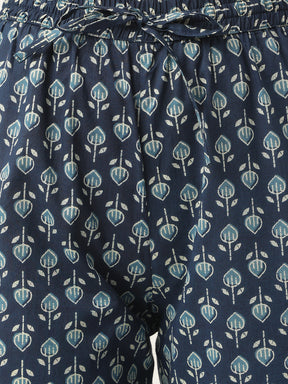 Blue and White Printed A-Line Cotton Kurta Set