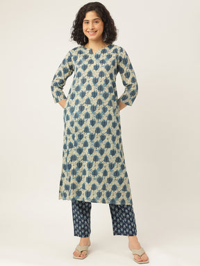 Blue and White Printed A-Line Cotton Kurta Set