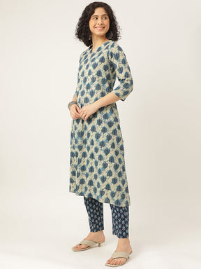 Blue and White Printed A-Line Cotton Kurta Set