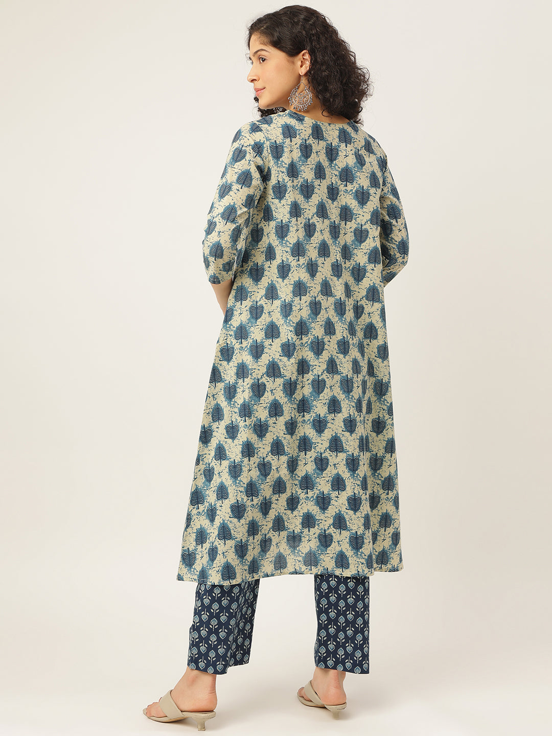 Blue and White Printed A-Line Cotton Kurta Set