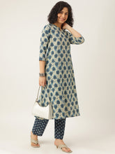 Blue and White Printed A-Line Cotton Kurta Set