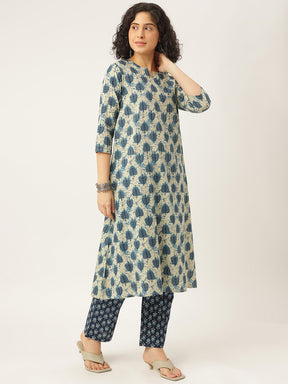 Blue and White Printed A-Line Cotton Kurta Set