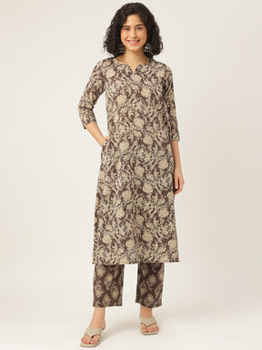 Brown Printed A-Line Cotton Kurta Set