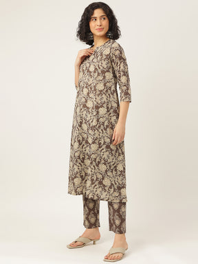 Brown Printed A-Line Cotton Kurta Set