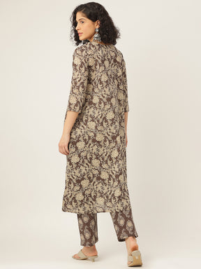 Brown Printed A-Line Cotton Kurta Set