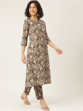 Brown Printed A-Line Cotton Kurta Set