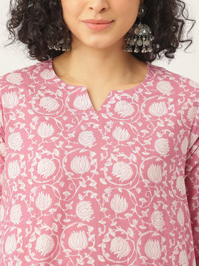 Pink Printed A-Line Cotton Kurta Set