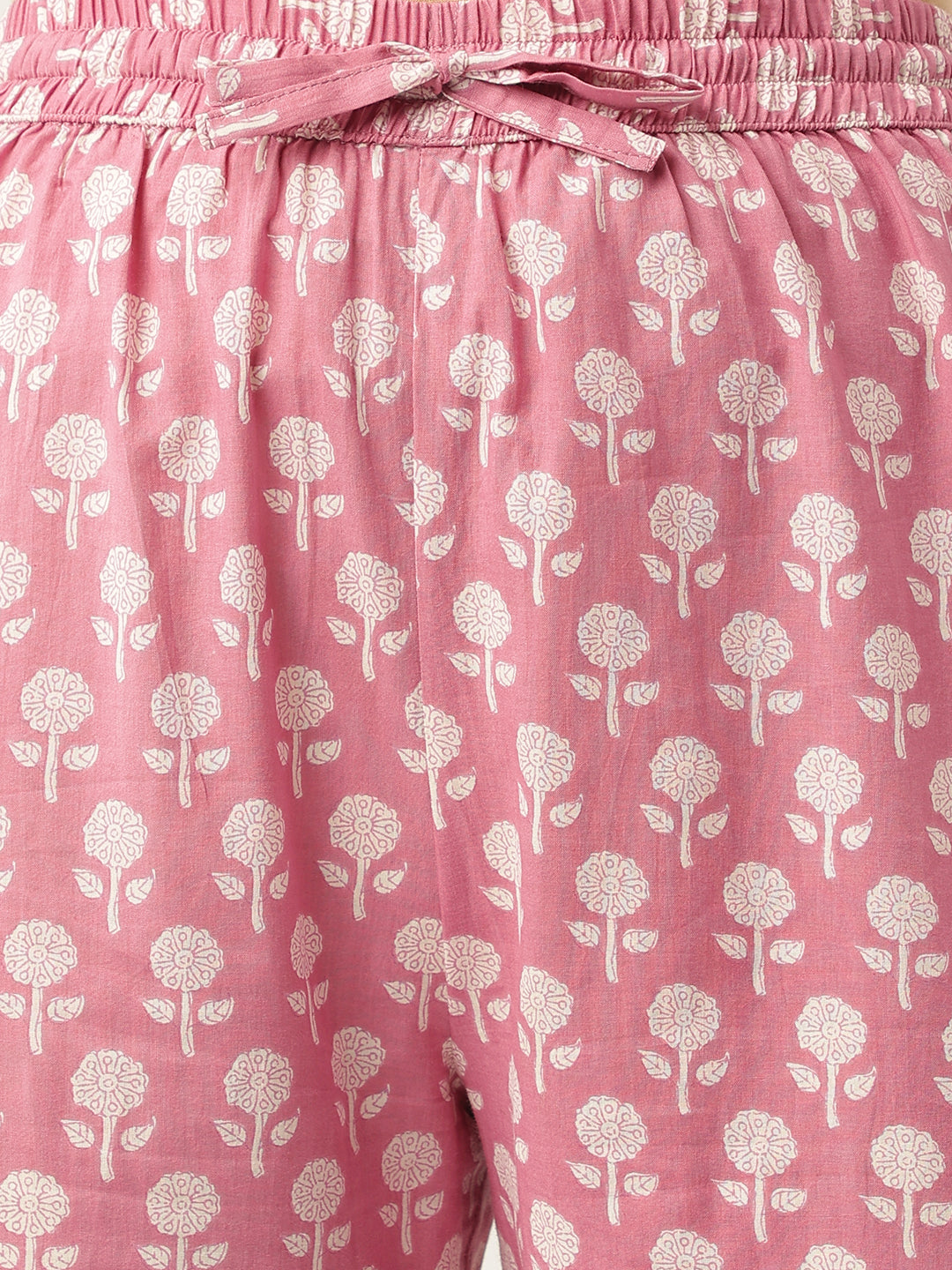 Pink Printed A-Line Cotton Kurta Set