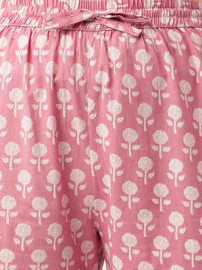 Pink Printed A-Line Cotton Kurta Set