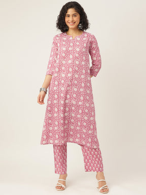 Pink Printed A-Line Cotton Kurta Set