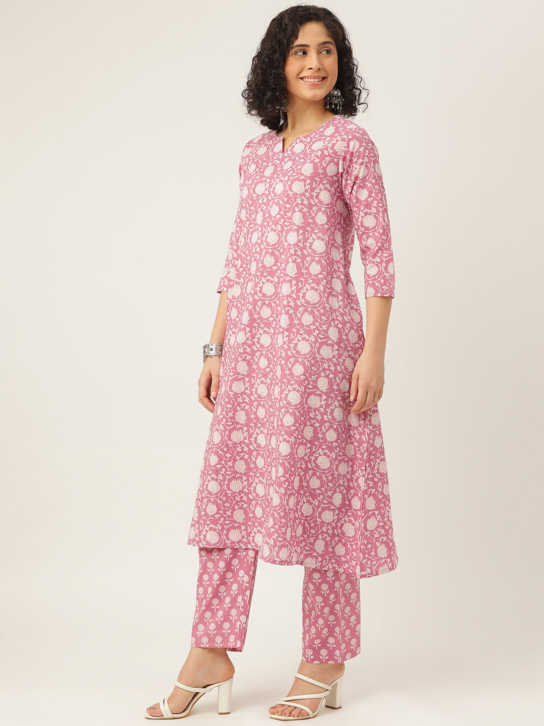 Pink Printed A-Line Cotton Kurta Set