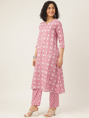 Pink Printed A-Line Cotton Kurta Set